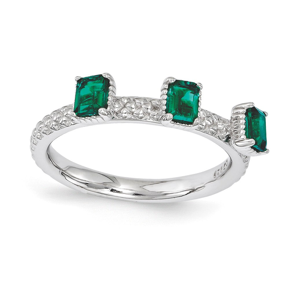 Sterling Silver Stackable Created Emerald Octagon Three Stone Ring, Item R11177 by The Black Bow Jewelry Co.