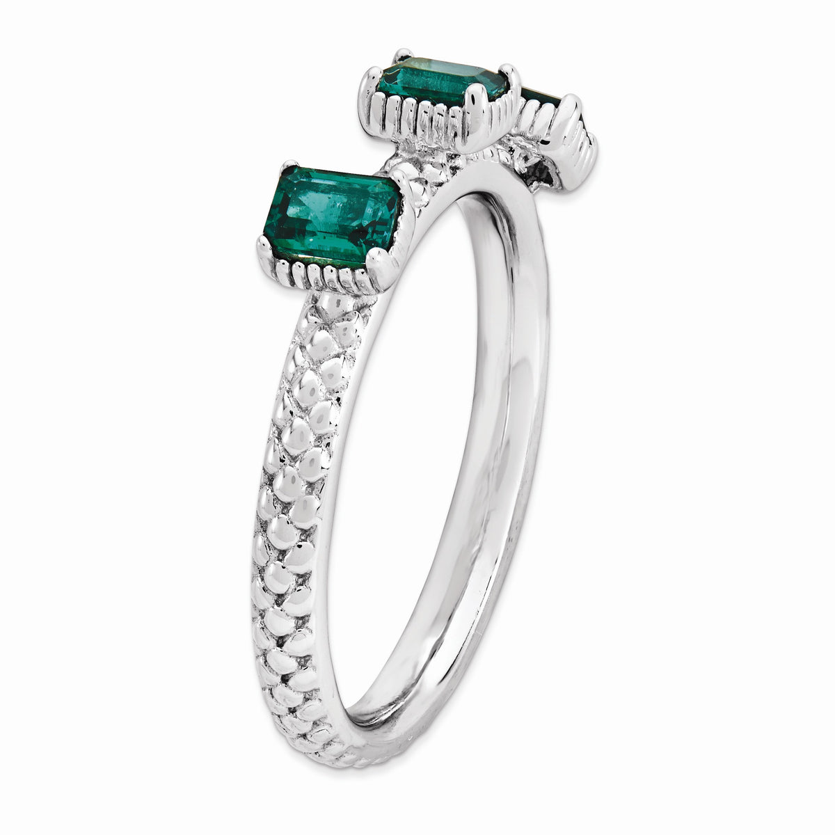 Alternate view of the Sterling Silver Stackable Created Emerald Octagon Three Stone Ring by The Black Bow Jewelry Co.