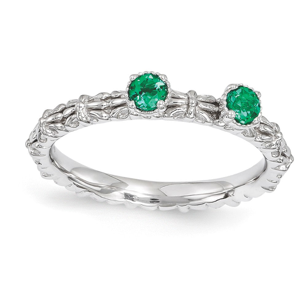 Sterling Silver Stackable Created Emerald Round Two Stone Ring, Item R11179 by The Black Bow Jewelry Co.