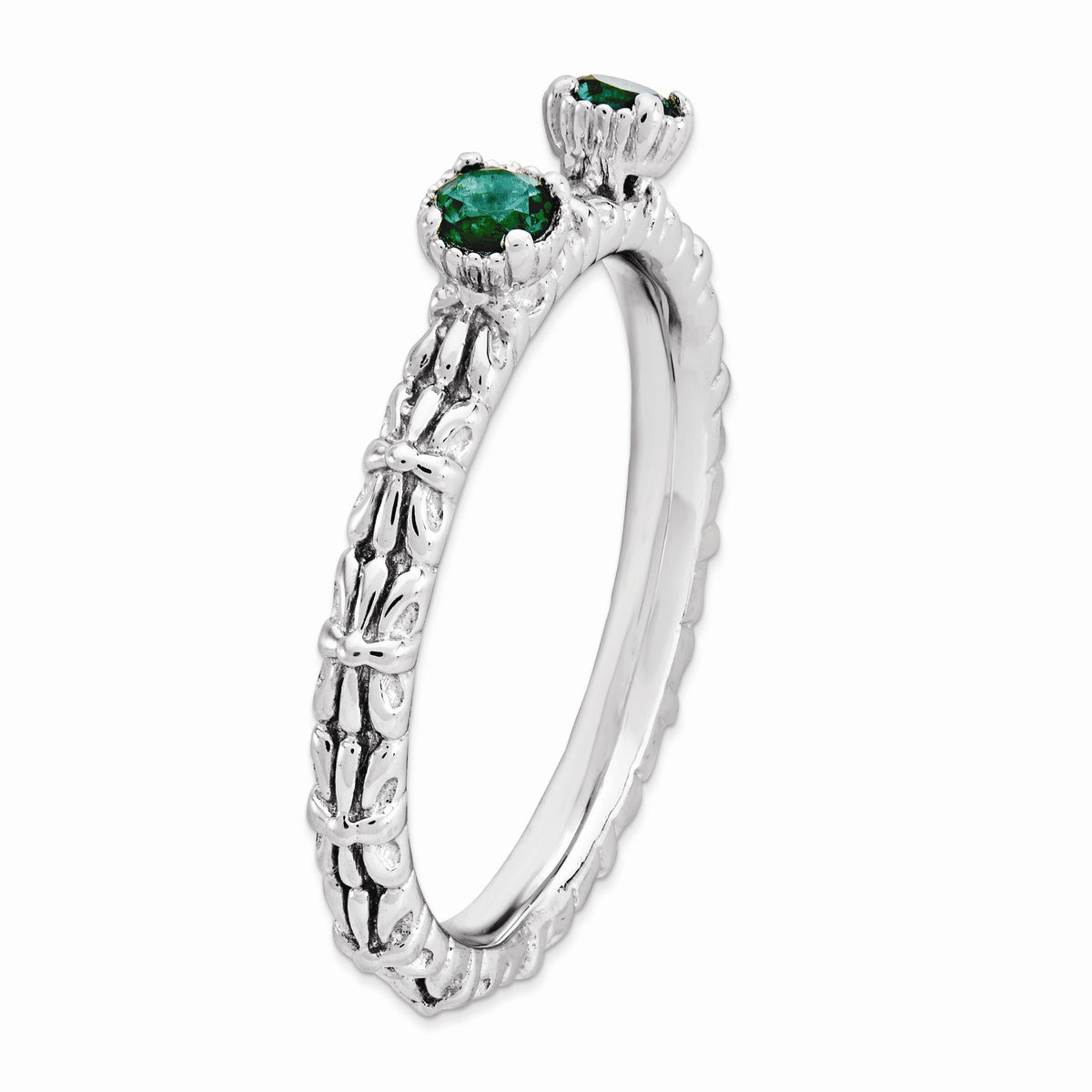 Alternate view of the Sterling Silver Stackable Created Emerald Round Two Stone Ring by The Black Bow Jewelry Co.