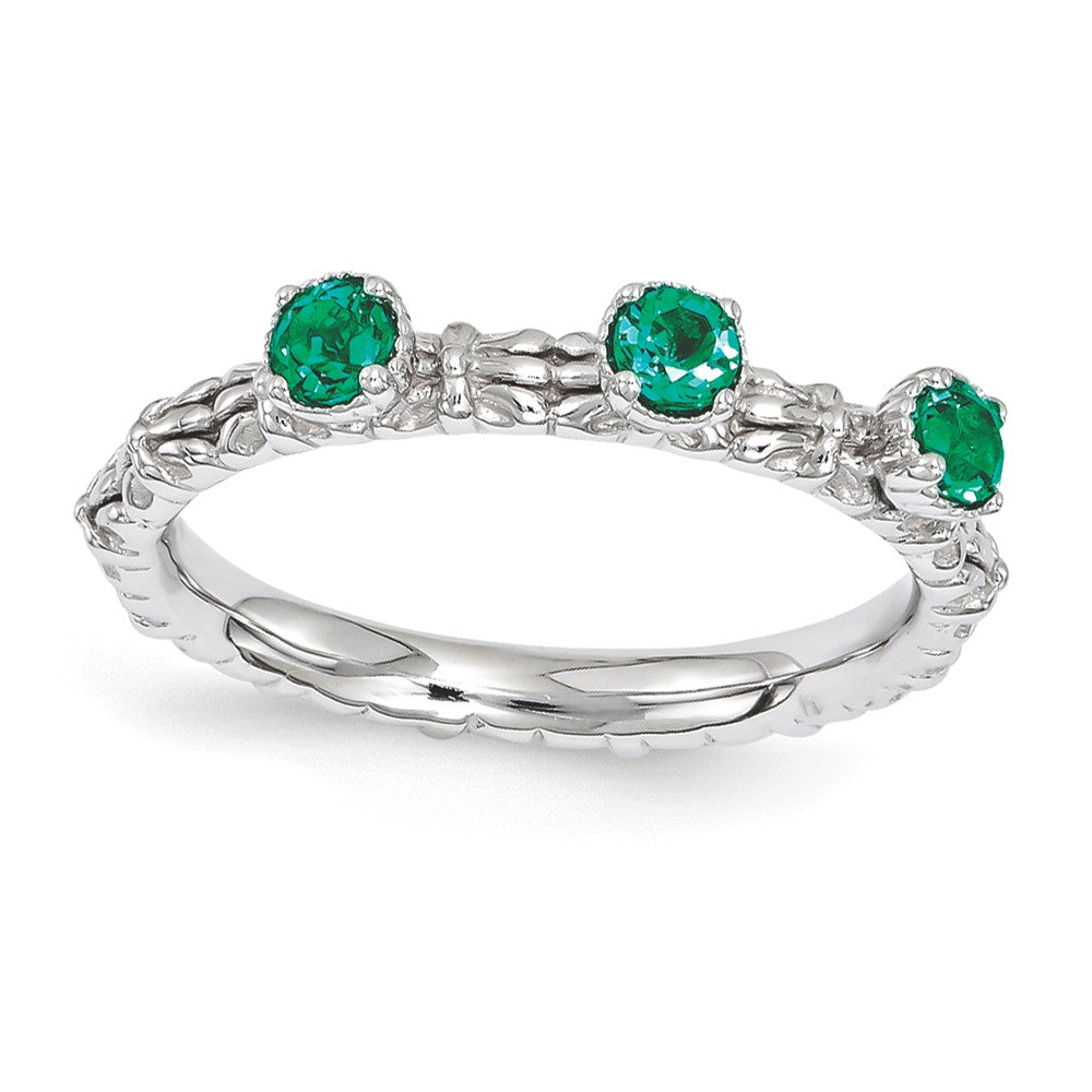 Sterling Silver Stackable Created Emerald Round Three Stone Ring, Item R11180 by The Black Bow Jewelry Co.