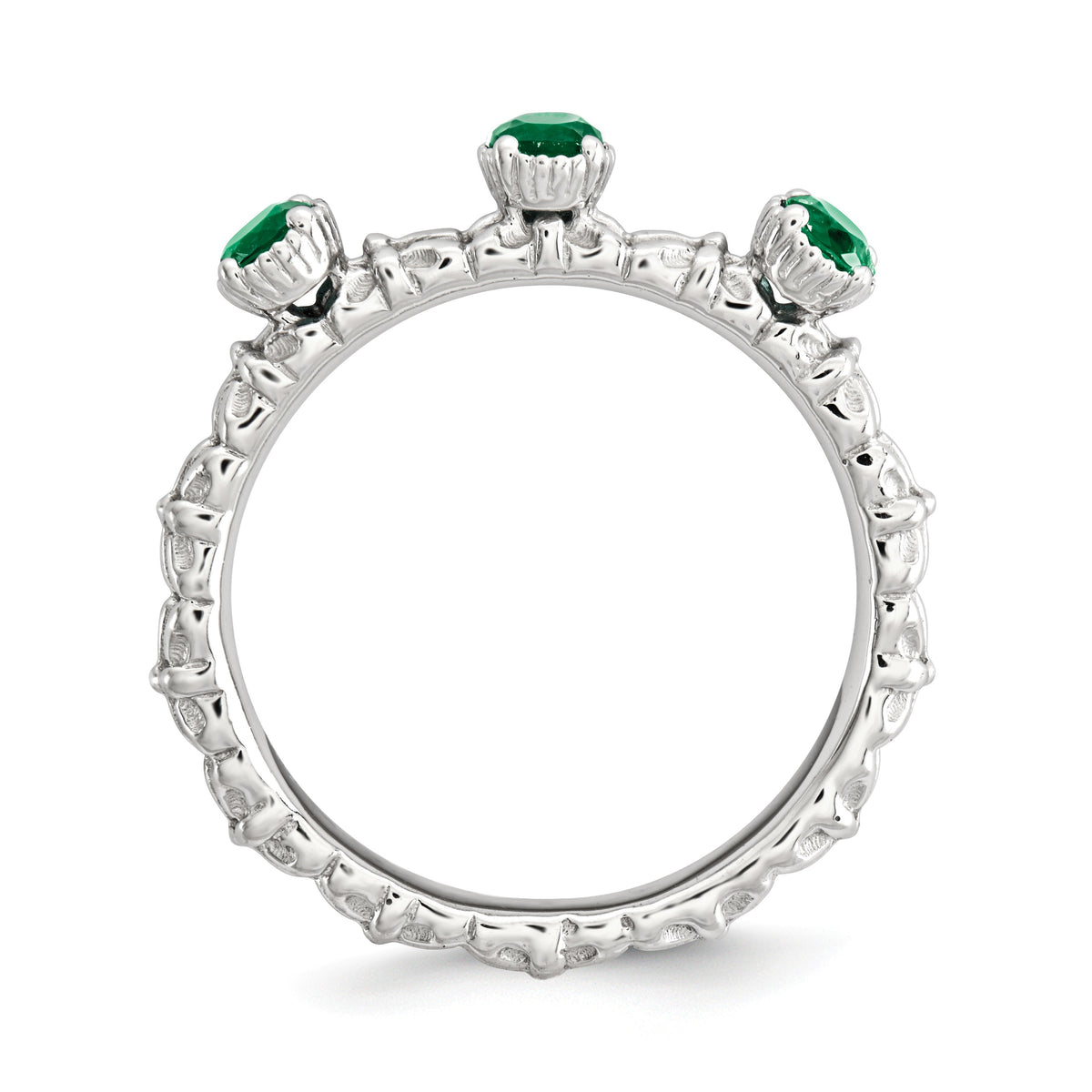 Alternate view of the Sterling Silver Stackable Created Emerald Round Three Stone Ring by The Black Bow Jewelry Co.