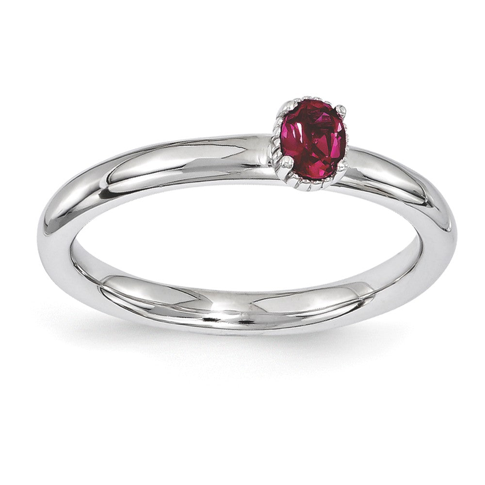 Sterling Silver Stackable Created Ruby Oval Single Stone Ring, Item R11181 by The Black Bow Jewelry Co.