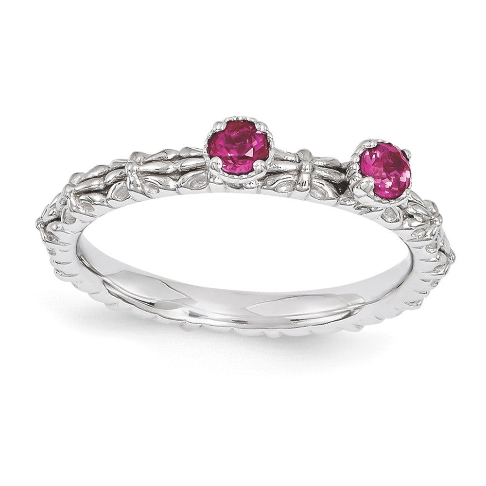 Sterling Silver Stackable Created Ruby Round Two Stone Ring, Item R11188 by The Black Bow Jewelry Co.