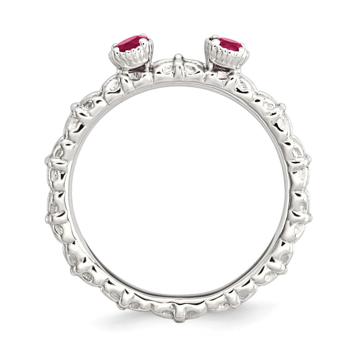 Alternate view of the Sterling Silver Stackable Created Ruby Round Two Stone Ring by The Black Bow Jewelry Co.
