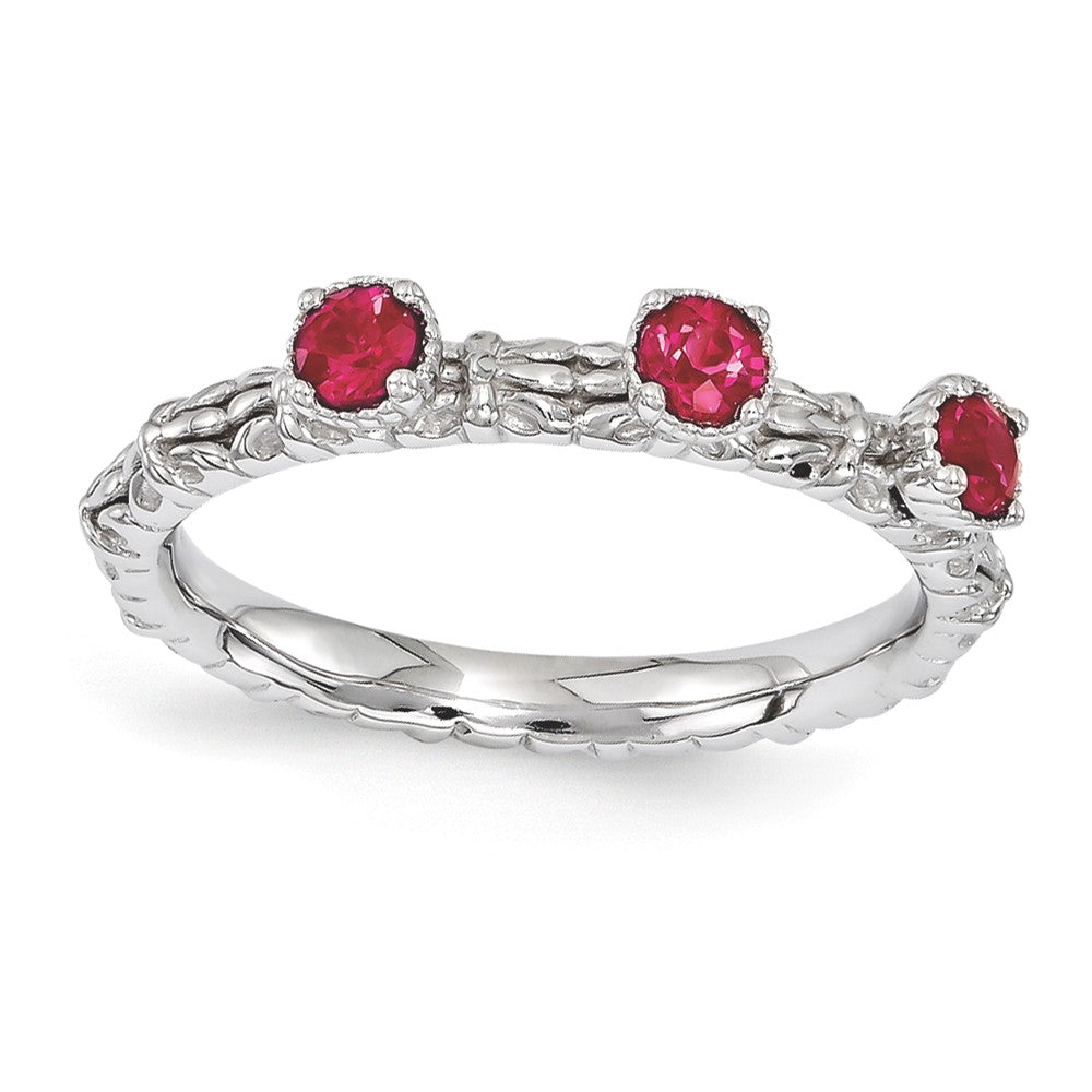 Sterling Silver Stackable Created Ruby Round Three Stone Ring, Item R11189 by The Black Bow Jewelry Co.