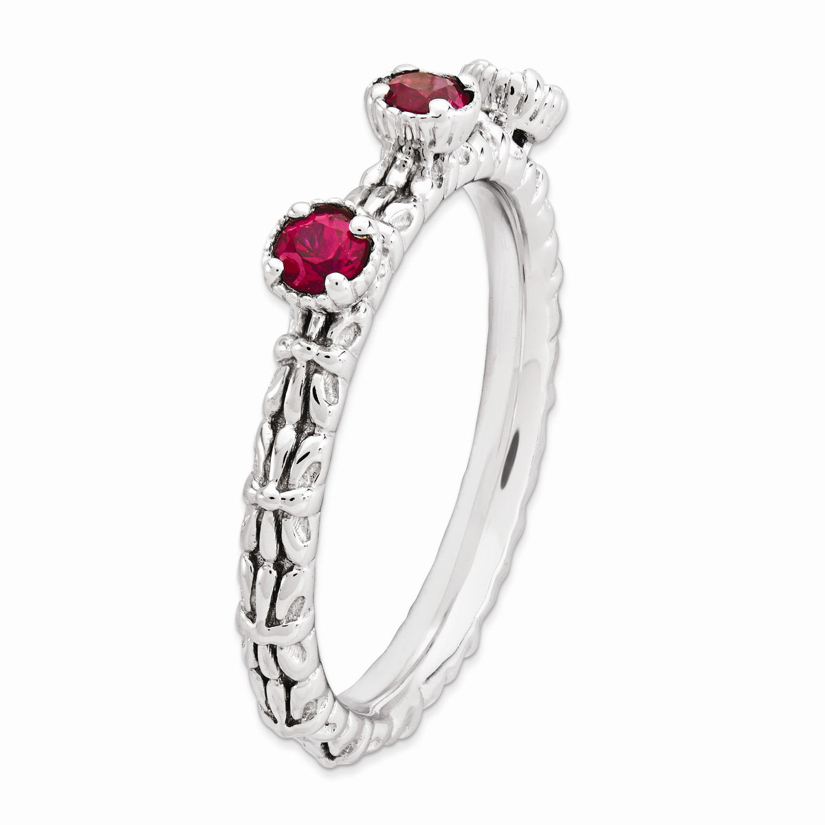 Alternate view of the Sterling Silver Stackable Created Ruby Round Three Stone Ring by The Black Bow Jewelry Co.