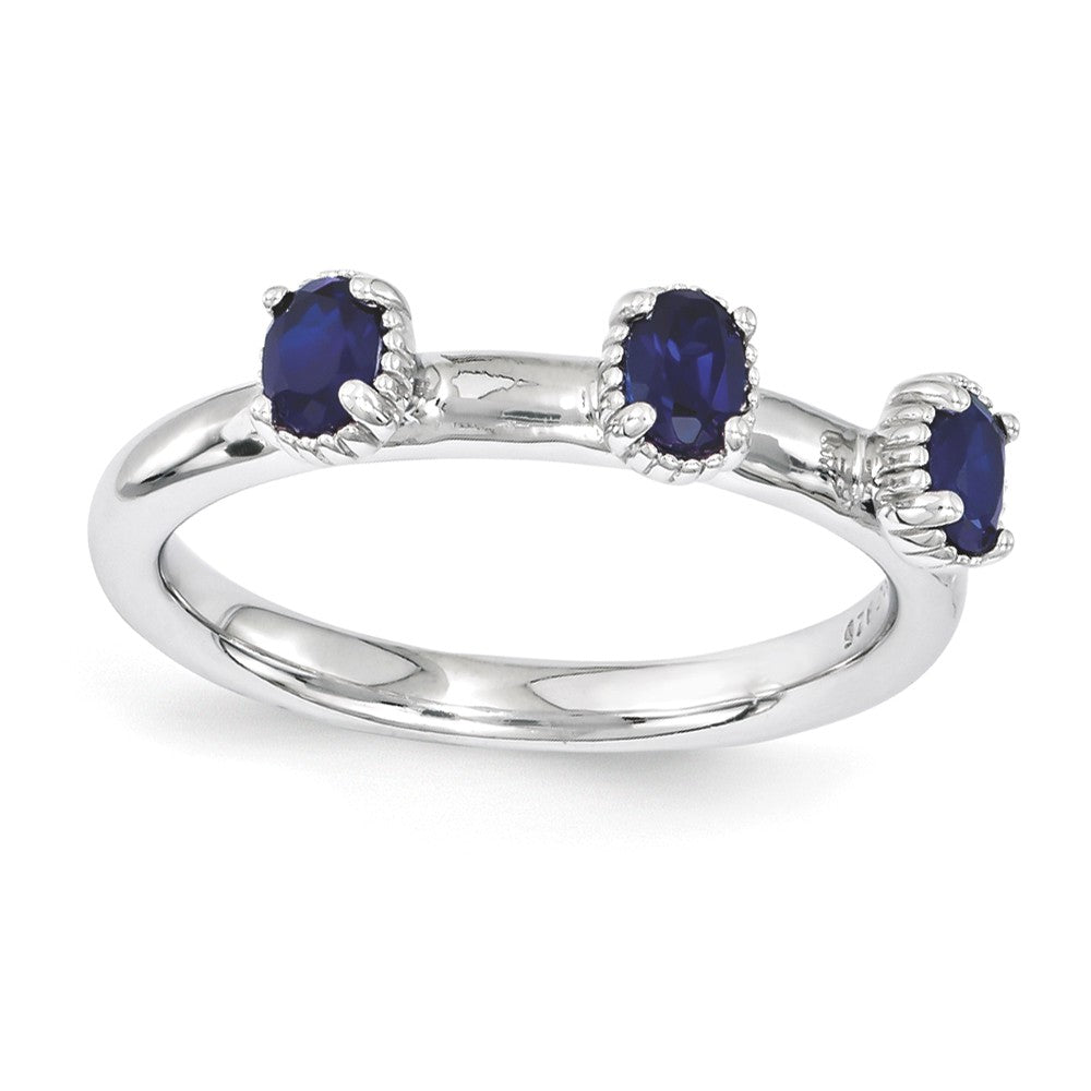 Sterling Silver Stackable Created Sapphire Oval Three Stone Ring, Item R11192 by The Black Bow Jewelry Co.
