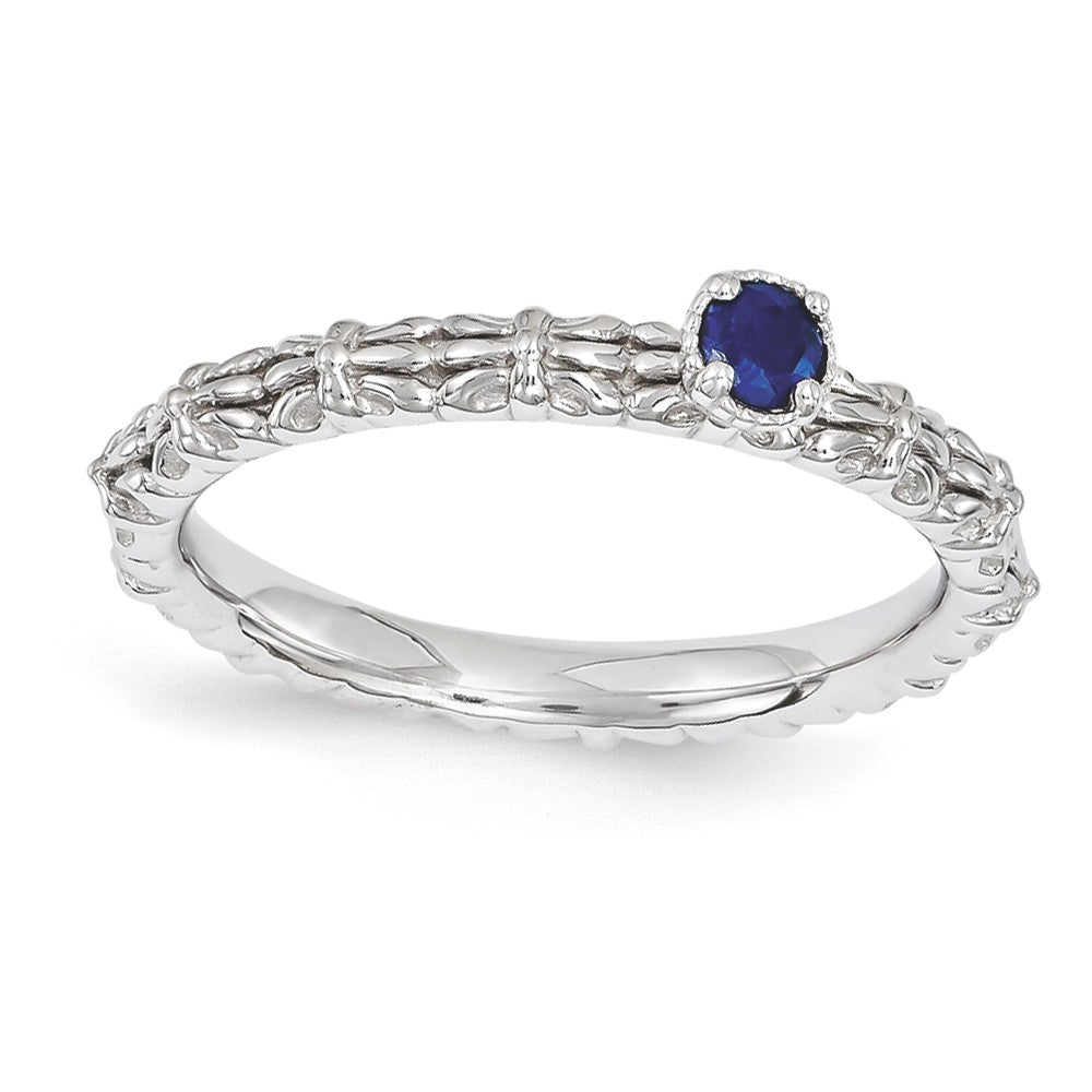 Sterling Silver Stackable Created Sapphire Round One Stone Ring, Item R11196 by The Black Bow Jewelry Co.