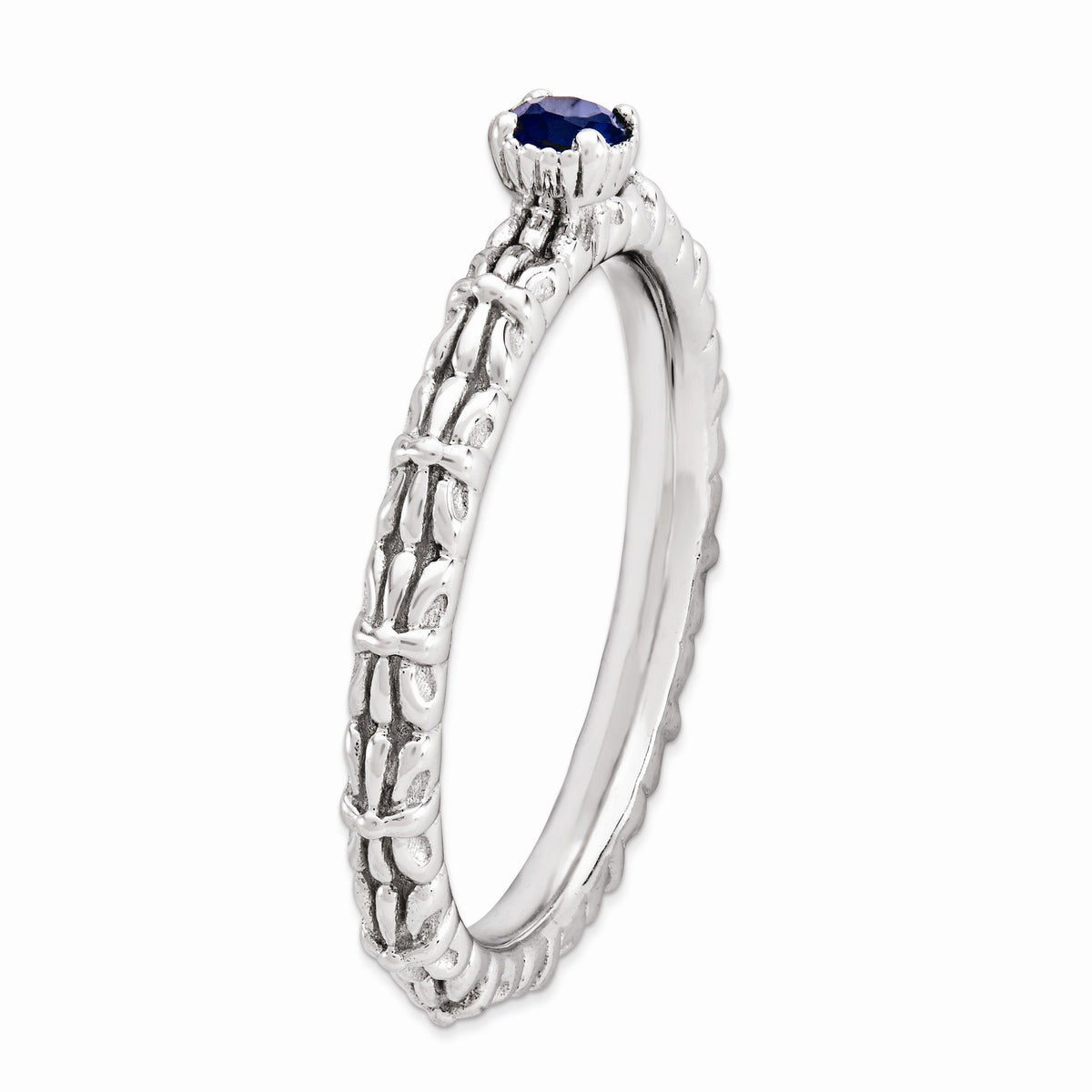 Alternate view of the Sterling Silver Stackable Created Sapphire Round One Stone Ring by The Black Bow Jewelry Co.