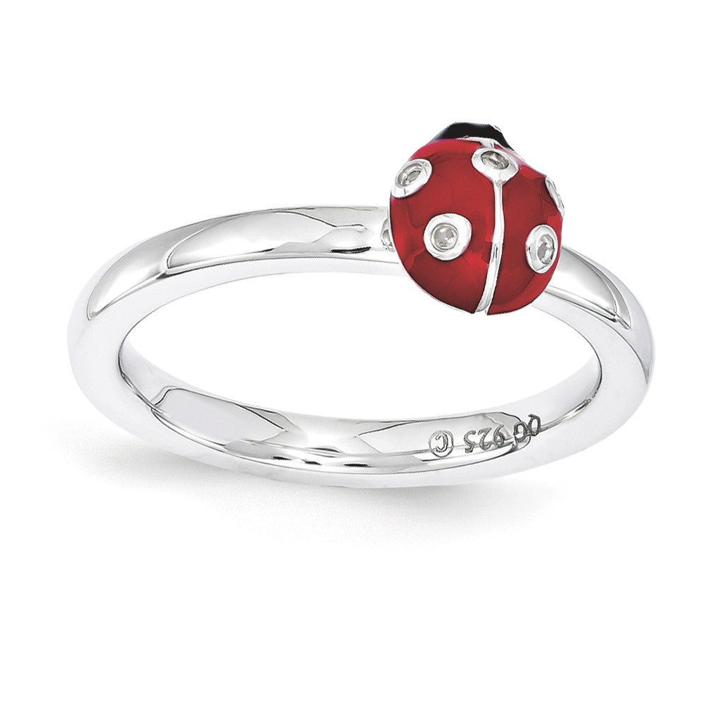 Sterling Silver Stackable Enamel .015Ctw Diamond 7mm Ladybug Ring, Item R11200 by The Black Bow Jewelry Co.