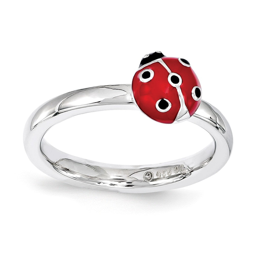 Sterling Silver Stackable Red &amp; Black Enamel 8mm Ladybug Ring, Item R11201 by The Black Bow Jewelry Co.