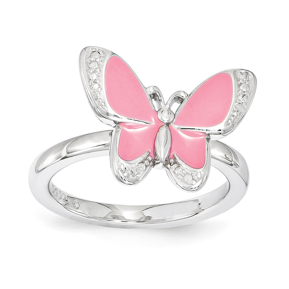 Sterling Silver &amp; Pink Enamel Stackable 12mm Butterfly Ring, Item R11202 by The Black Bow Jewelry Co.