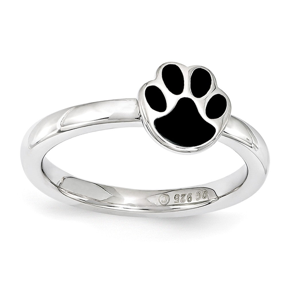 Sterling Silver Stackable Expressions 7mm Black Enamel Paw Print Ring, Item R11203 by The Black Bow Jewelry Co.