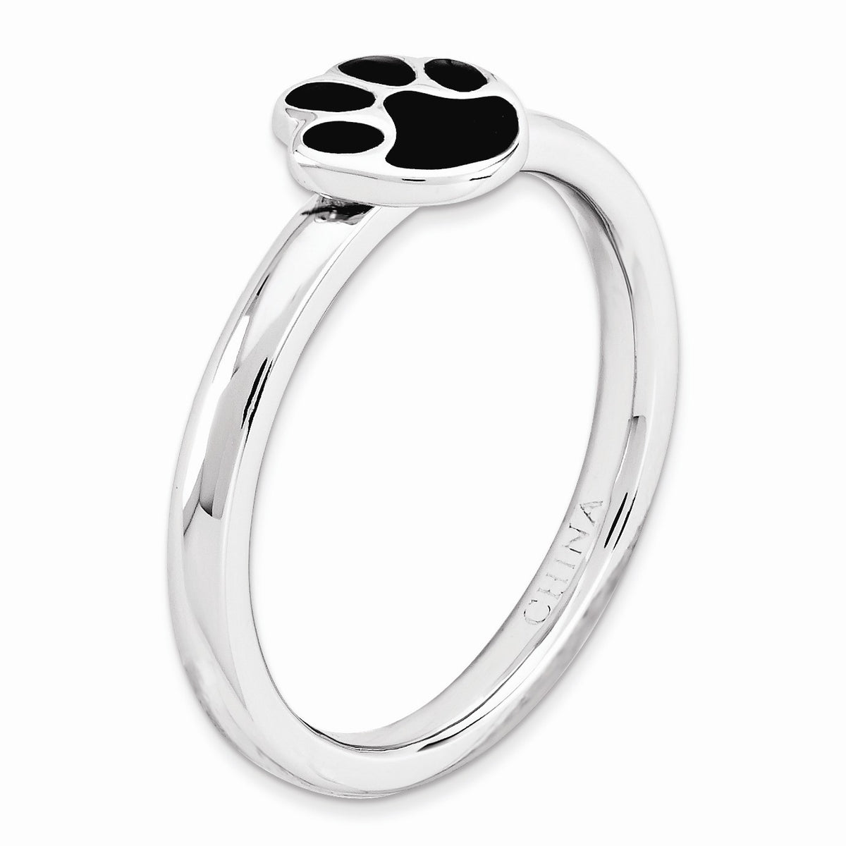 Alternate view of the Sterling Silver Stackable Expressions 7mm Black Enamel Paw Print Ring by The Black Bow Jewelry Co.