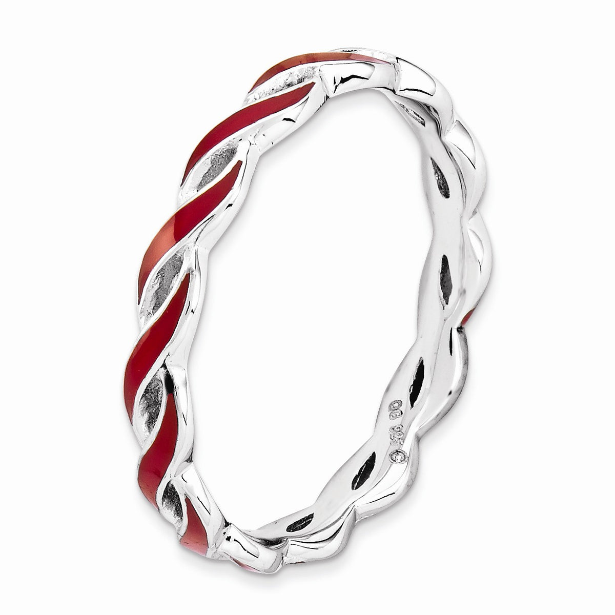 Alternate view of the 2mm Sterling Silver Stackable Expressions Red Enamel Swirl Band by The Black Bow Jewelry Co.