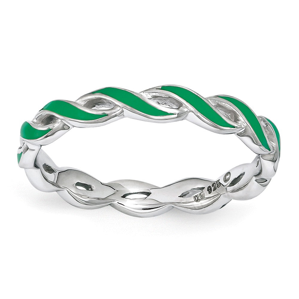 2mm Sterling Silver Stackable Expressions Green Enamel Swirl Band, Item R11218 by The Black Bow Jewelry Co.