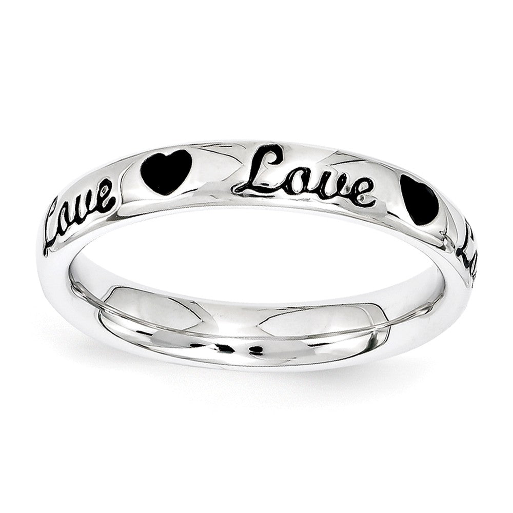3.5mm Sterling Silver Stackable Black Enamel Love Script Band, Item R11224 by The Black Bow Jewelry Co.