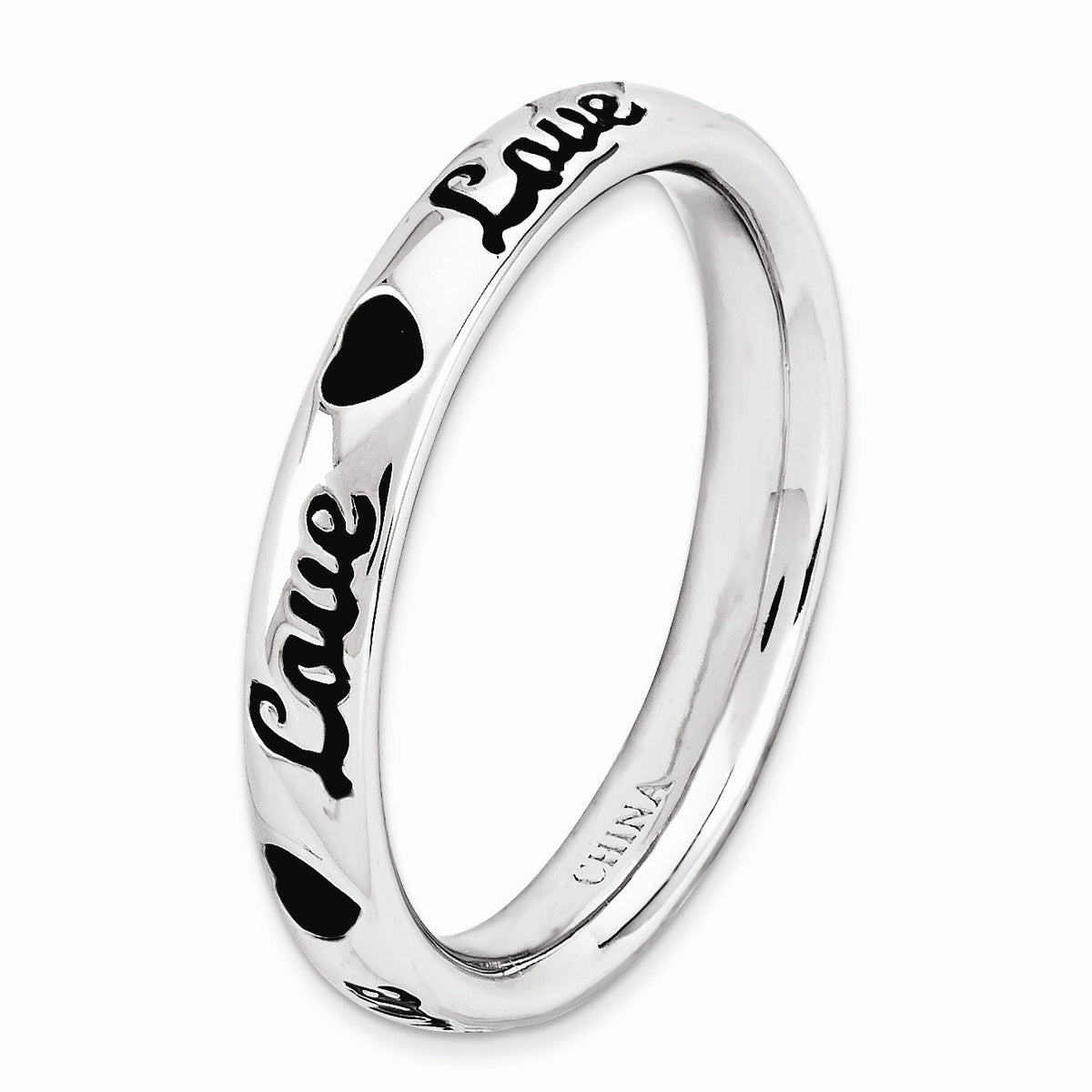 Alternate view of the 3.5mm Sterling Silver Stackable Black Enamel Love Script Band by The Black Bow Jewelry Co.