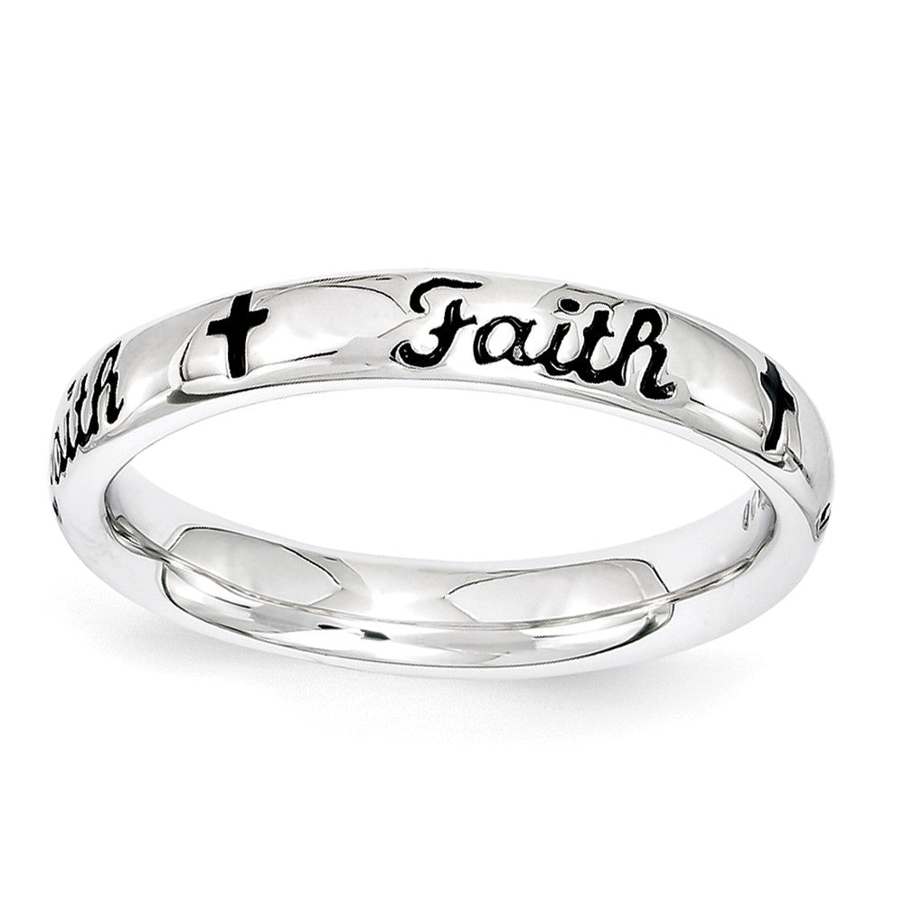 3.5mm Sterling Silver Stackable Black Enamel Faith Script Band, Item R11226 by The Black Bow Jewelry Co.