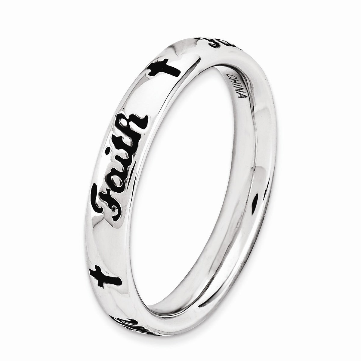 Alternate view of the 3.5mm Sterling Silver Stackable Black Enamel Faith Script Band by The Black Bow Jewelry Co.
