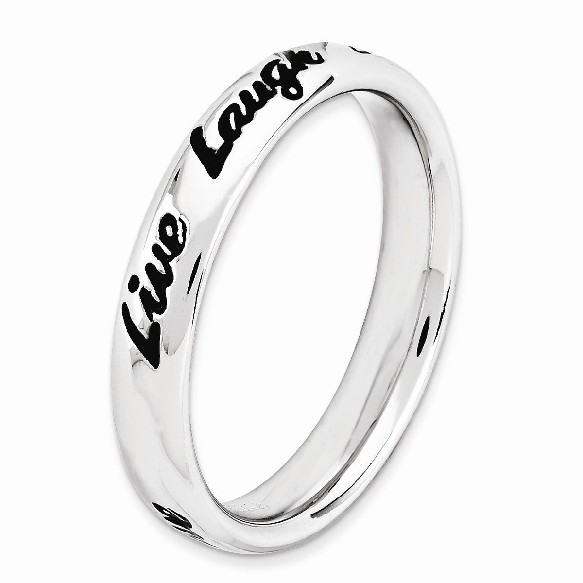 Alternate view of the 4mm Sterling Silver Stackable Black Enamel Live Laugh Love Script Band by The Black Bow Jewelry Co.