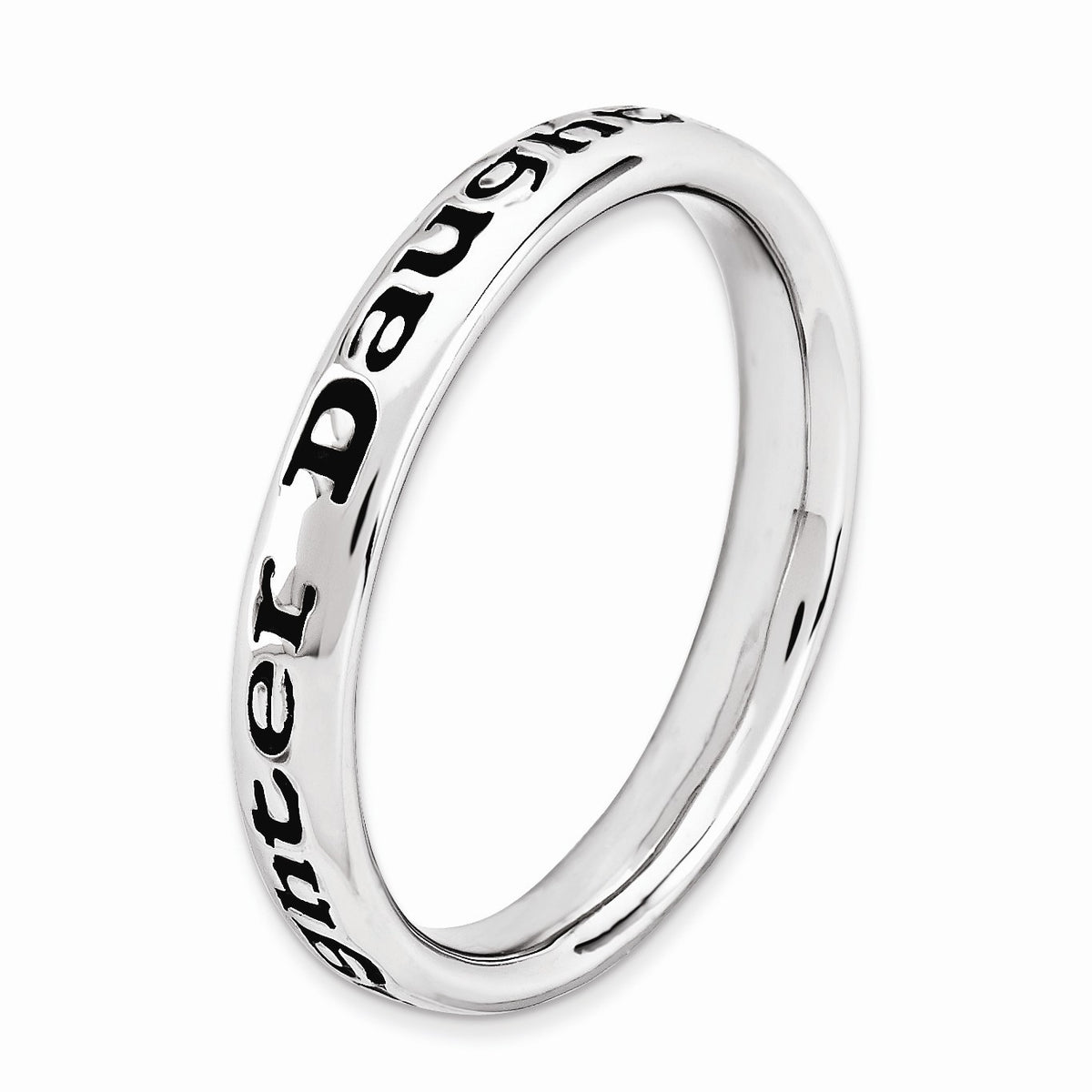 Alternate view of the 3.5mm Sterling Silver Stackable Black Enamel Daughter Script Band by The Black Bow Jewelry Co.