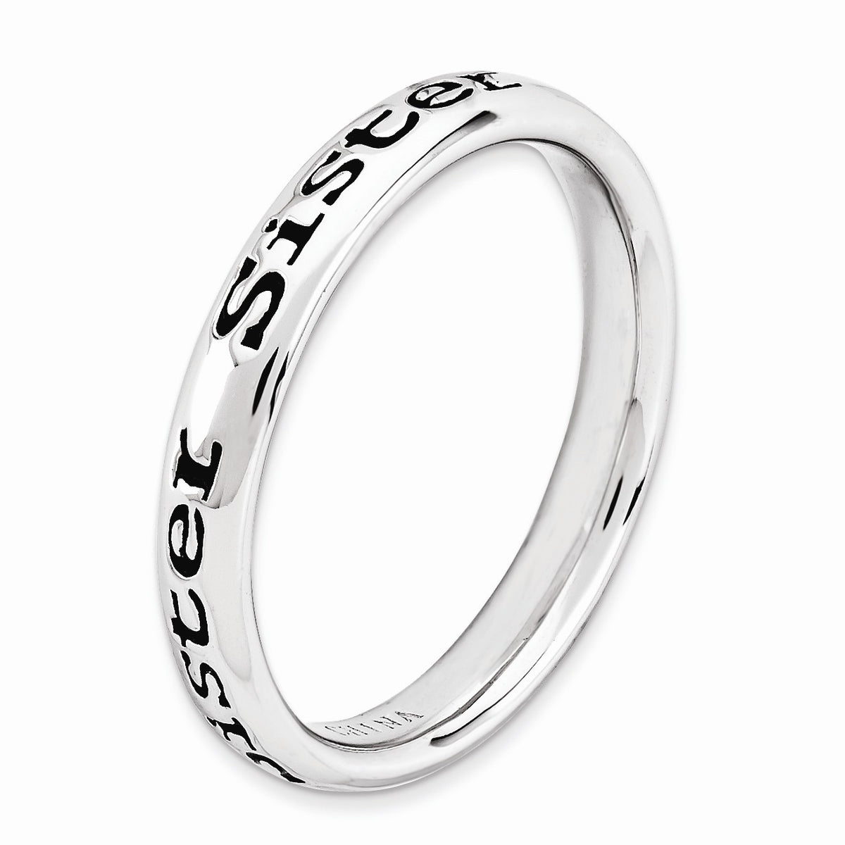 Alternate view of the 3.5mm Sterling Silver Stackable Black Enamel Sister Script Band by The Black Bow Jewelry Co.