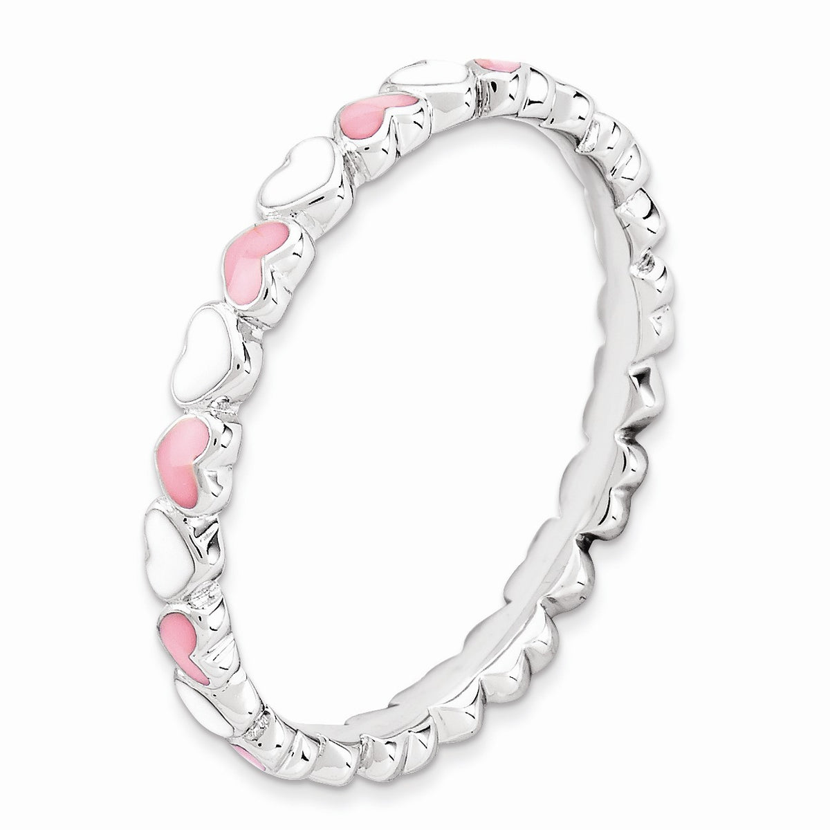 Alternate view of the 2.5mm Sterling Silver Stackable Pink &amp; White Enamel Heart Band by The Black Bow Jewelry Co.