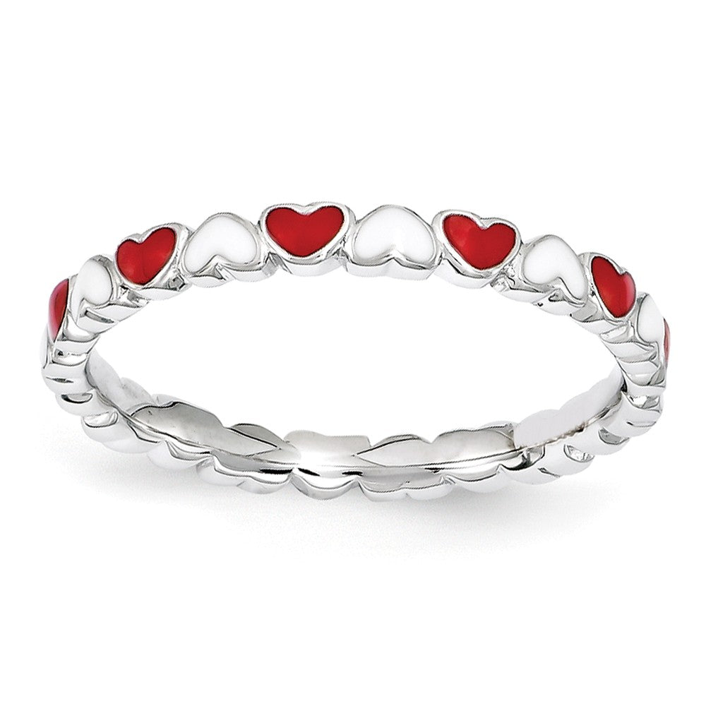 2.5mm Sterling Silver Stackable Red &amp; White Enamel Heart Band, Item R11236 by The Black Bow Jewelry Co.