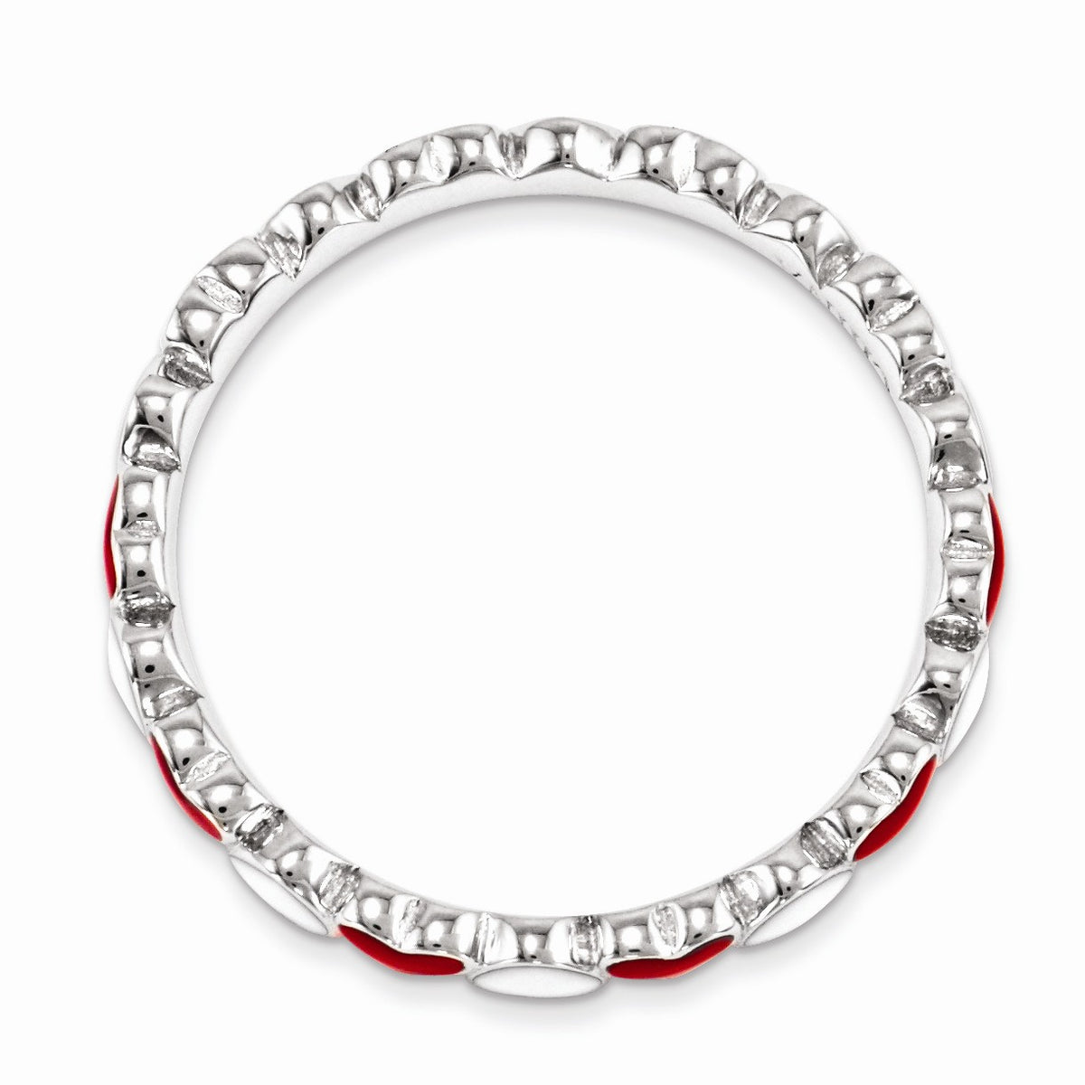 Alternate view of the 2.5mm Sterling Silver Stackable Red &amp; White Enamel Heart Band by The Black Bow Jewelry Co.