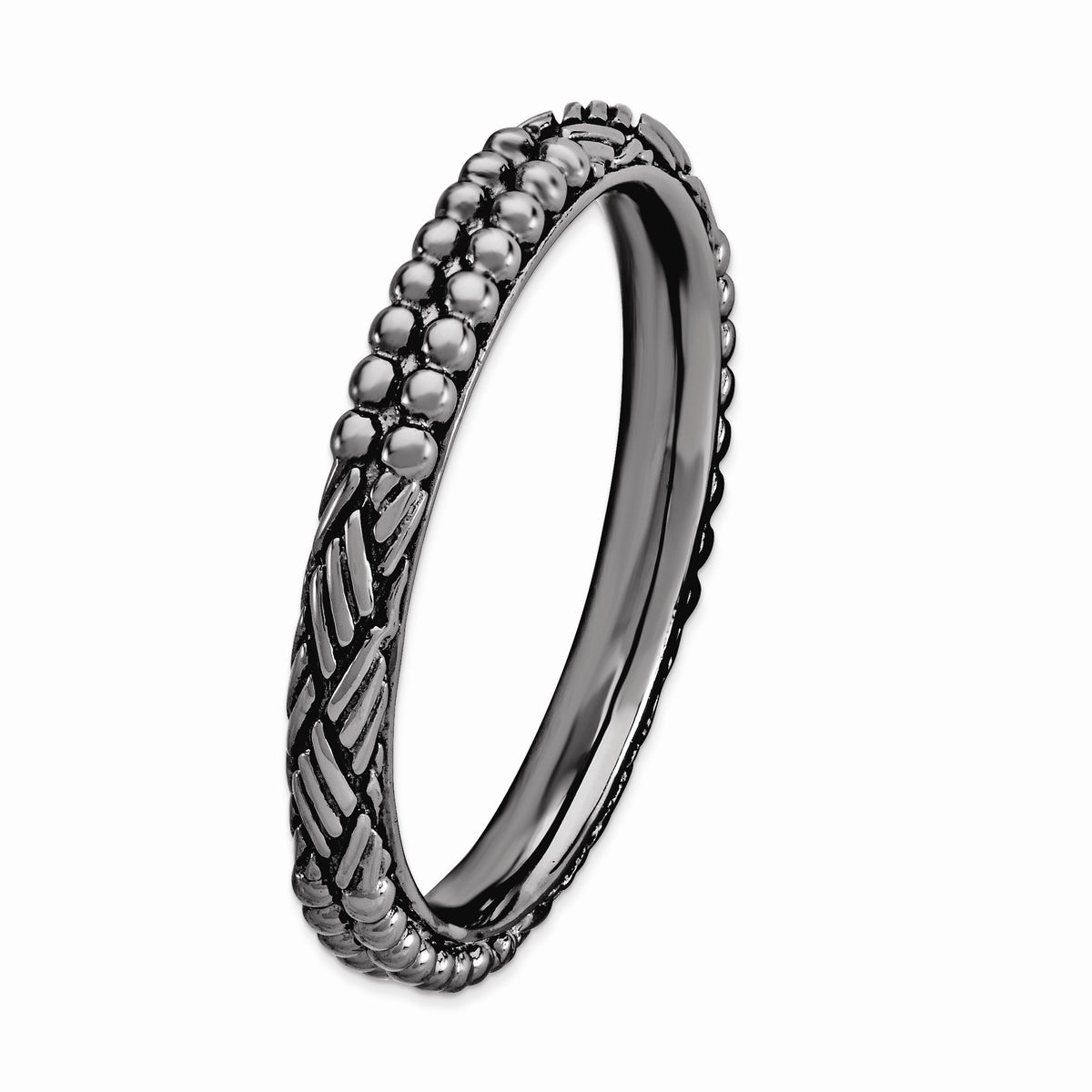 Alternate view of the 2.5mm Black Plated Sterling Silver Stackable Patterned Band by The Black Bow Jewelry Co.