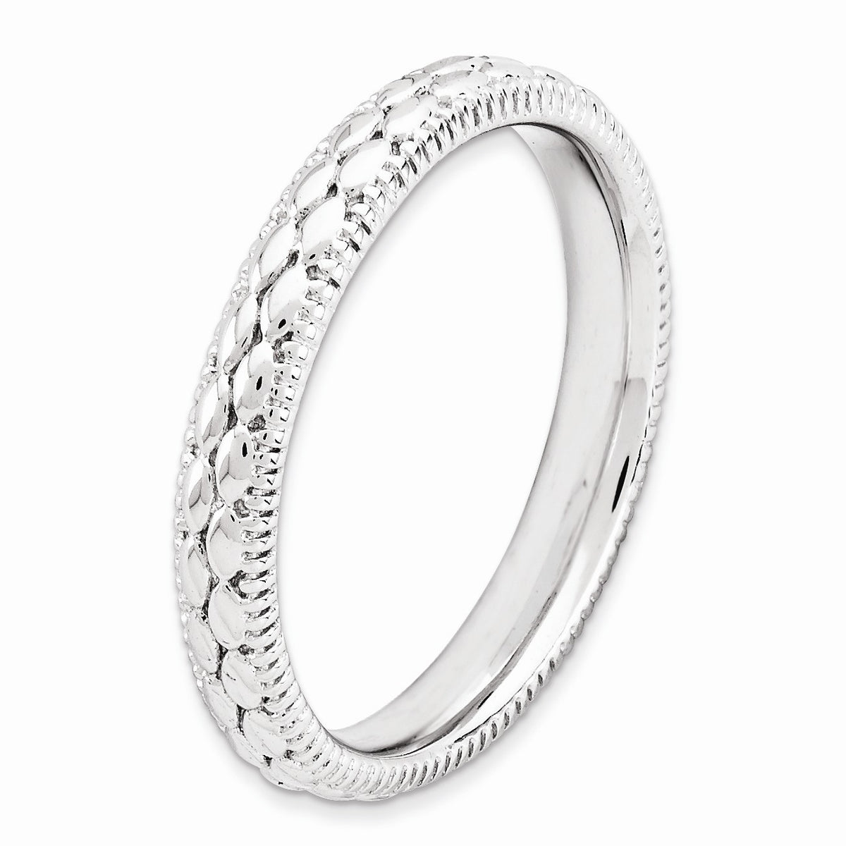 Alternate view of the 3.5mm Rhodium Plated Sterling Silver Stackable Patterned Band by The Black Bow Jewelry Co.