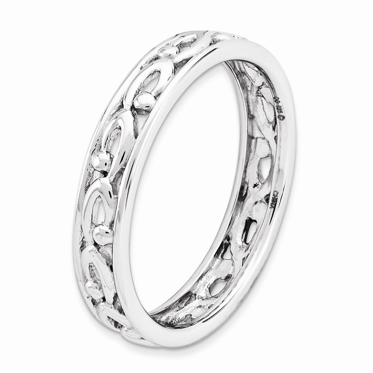 Alternate view of the 4.25mm Rhodium Plated Sterling Silver Stackable Carved Band by The Black Bow Jewelry Co.
