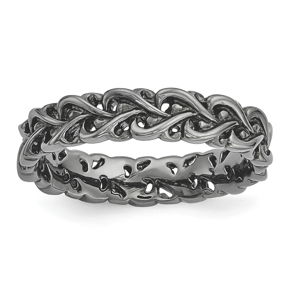 4.5mm Black Plated Sterling Silver Stackable Carved Heart Band, Item R11271 by The Black Bow Jewelry Co.