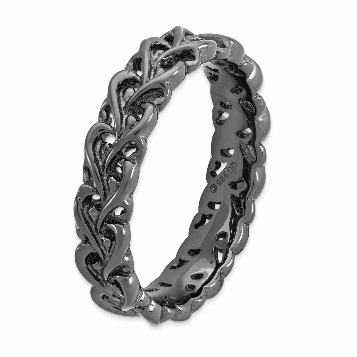 Alternate view of the 4.5mm Black Plated Sterling Silver Stackable Carved Heart Band by The Black Bow Jewelry Co.
