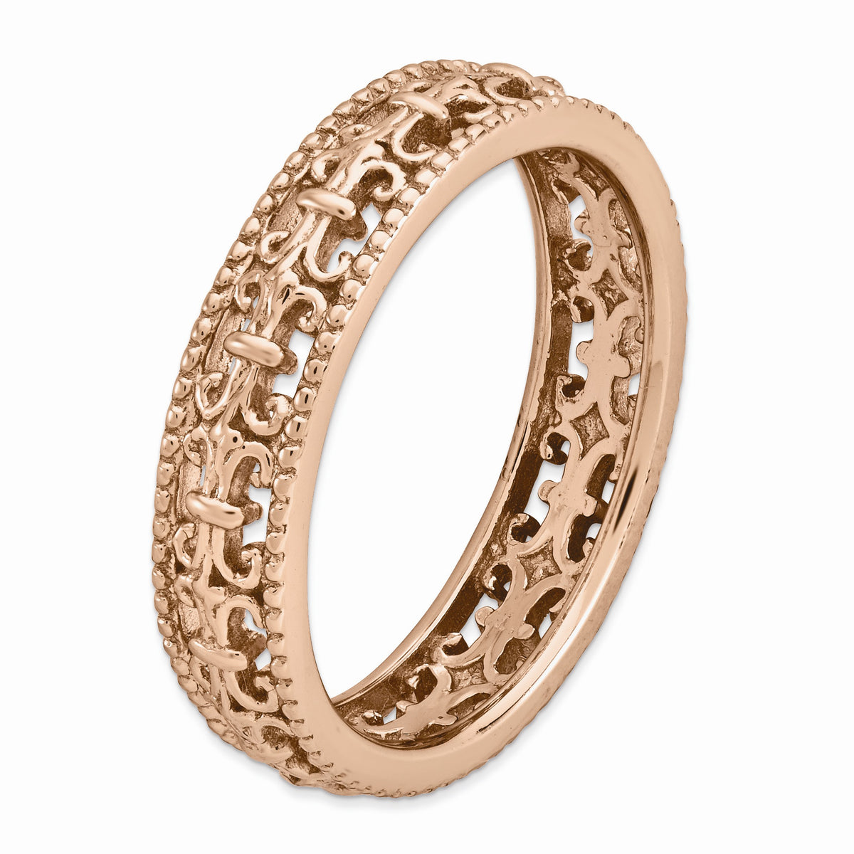 Alternate view of the 4.5mm Rose Gold Tone Plated Sterling Silver Fleur de Lis Stack Band by The Black Bow Jewelry Co.