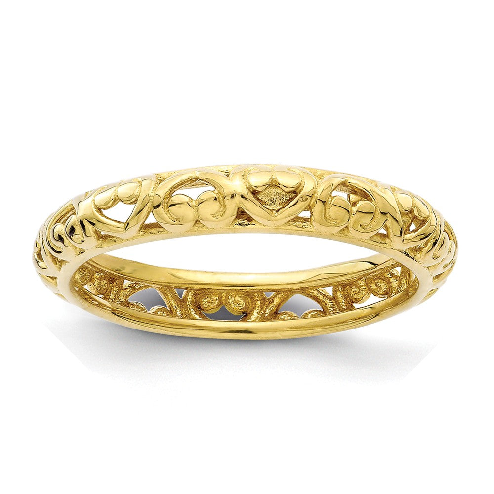 3.5mm Gold Tone Sterling Silver Stackable Domed Carved Heart Band, Item R11278 by The Black Bow Jewelry Co.