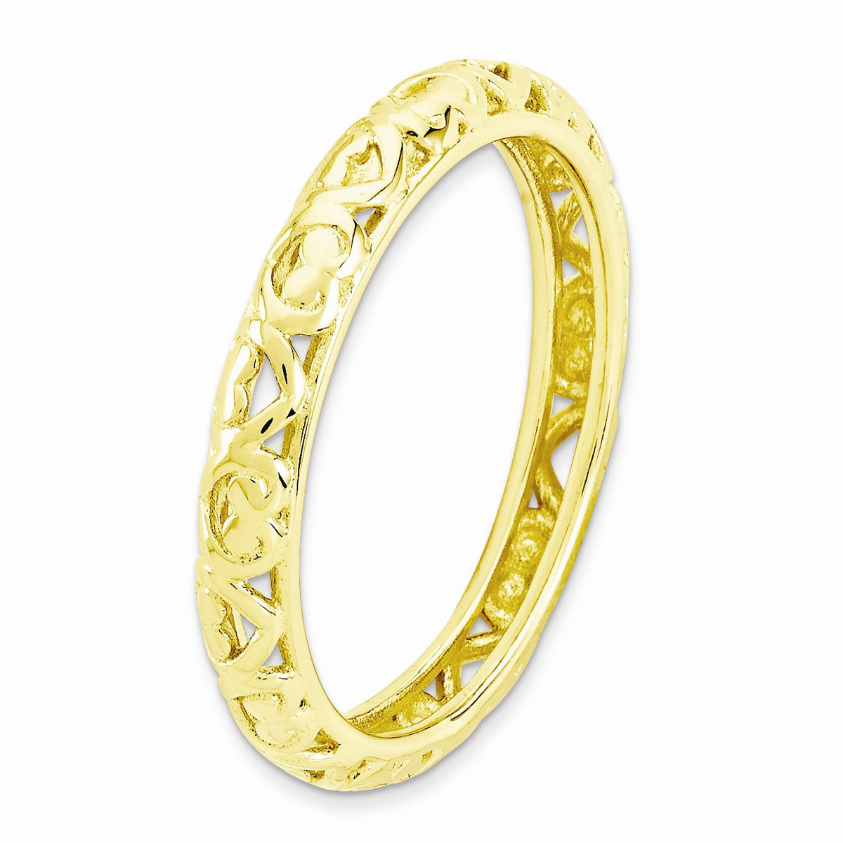 Alternate view of the 3.5mm Gold Tone Sterling Silver Stackable Domed Carved Heart Band by The Black Bow Jewelry Co.