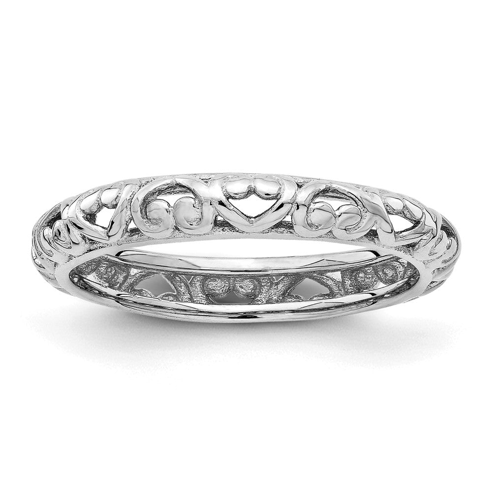 3.5mm Rhodium Plated Sterling Silver Stackable Domed Carved Heart Band, Item R11279 by The Black Bow Jewelry Co.