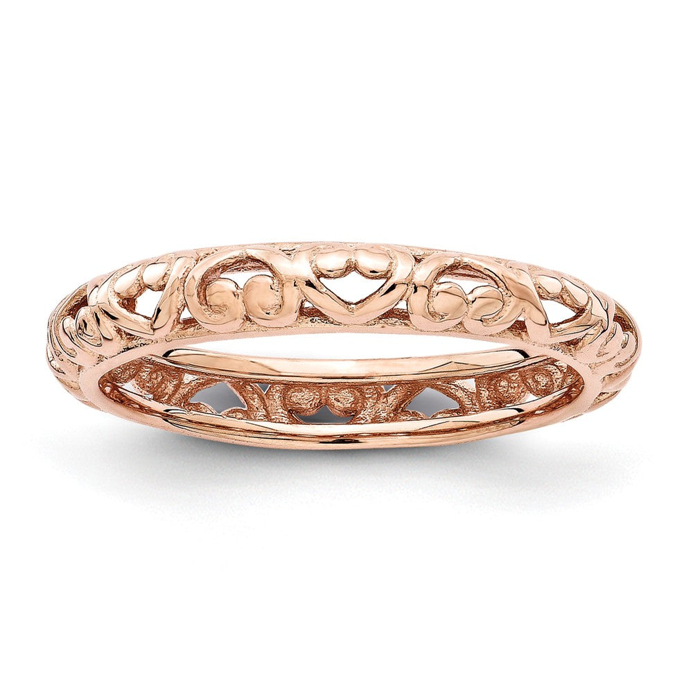 3.5mm Rose Gold Tone Sterling Silver Stackable Domed Carved Heart Band, Item R11280 by The Black Bow Jewelry Co.