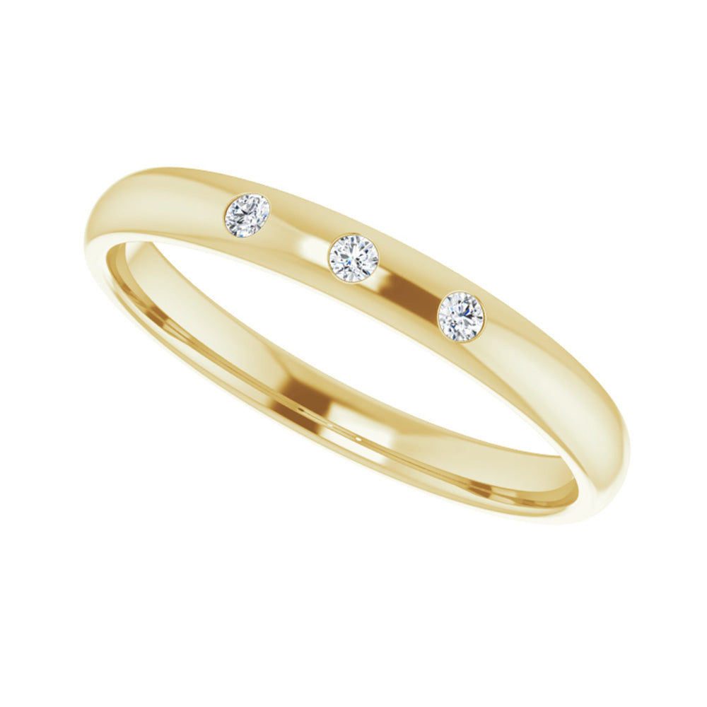 Alternate view of the 2.5mm 14k Yellow Gold &amp; 3 Stone Diamond Half Round Comfort Fit Band by The Black Bow Jewelry Co.