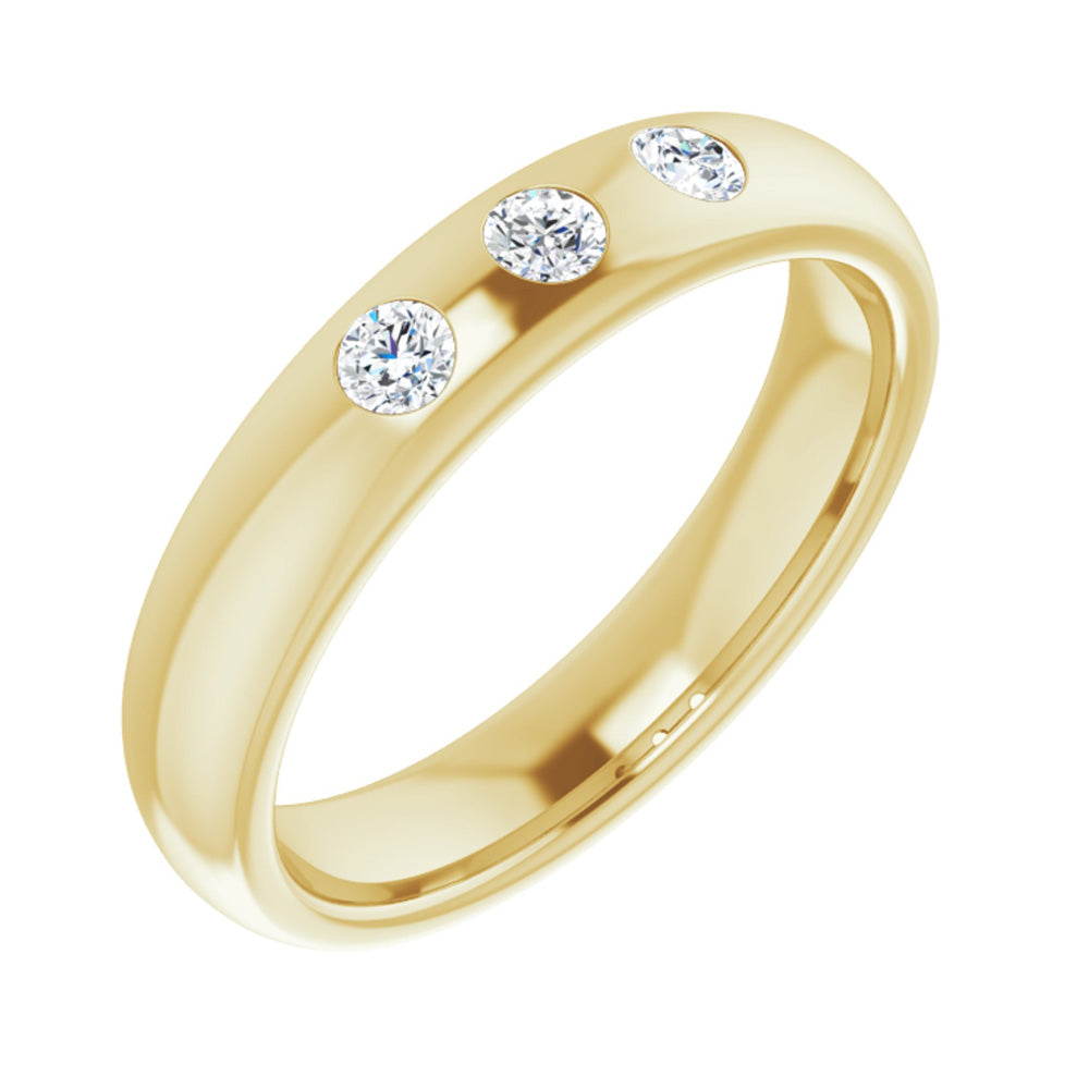 4mm 14k Yellow Gold 1/5Ctw Diamond 3 Stone Half Round Comfort Fit Band, Item R11313 by The Black Bow Jewelry Co.