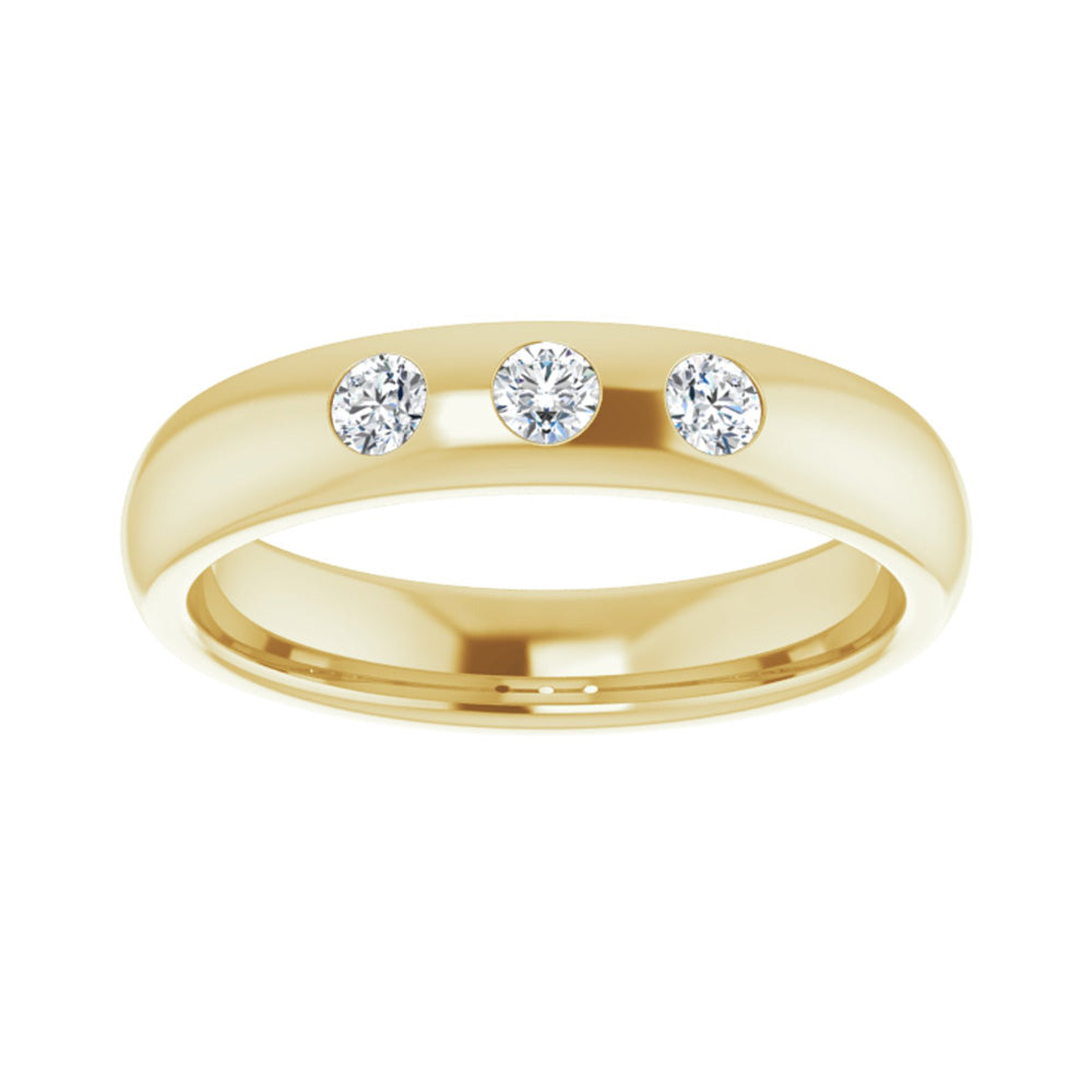 Alternate view of the 4mm 14k Yellow Gold 1/5Ctw Diamond 3 Stone Half Round Comfort Fit Band by The Black Bow Jewelry Co.