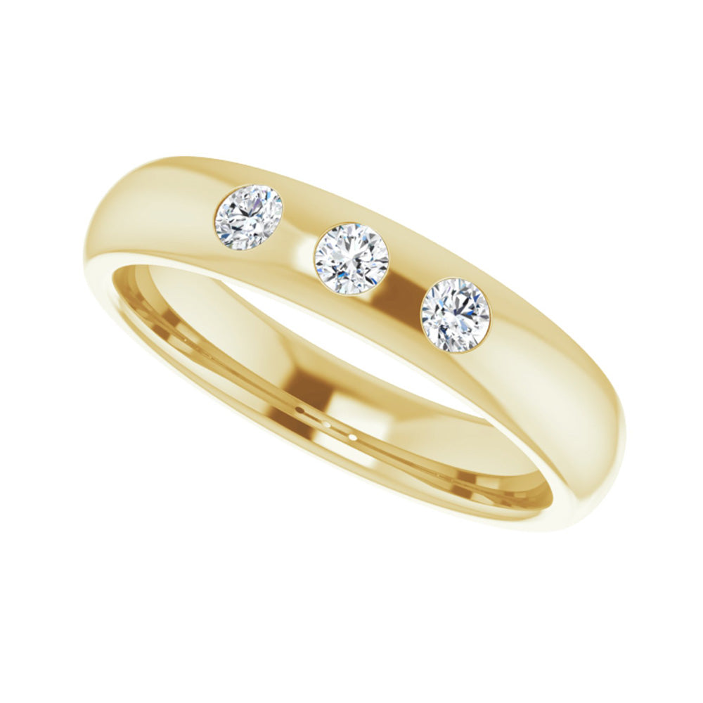 Alternate view of the 4mm 14k Yellow Gold 1/5Ctw Diamond 3 Stone Half Round Comfort Fit Band by The Black Bow Jewelry Co.