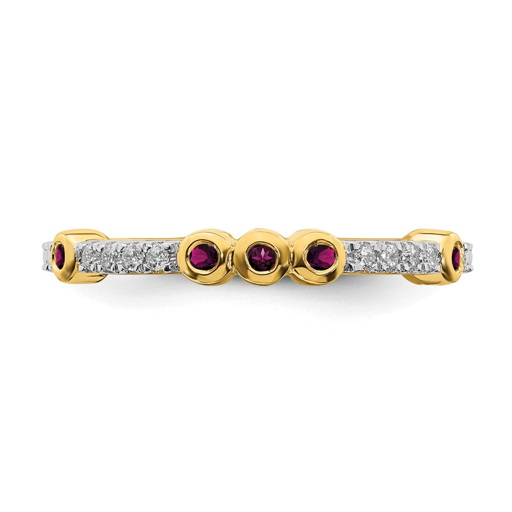 Alternate view of the 2mm 14k Yellow Gold Rhodolite Garnet &amp; .08 Ctw Diamond Stackable Band by The Black Bow Jewelry Co.