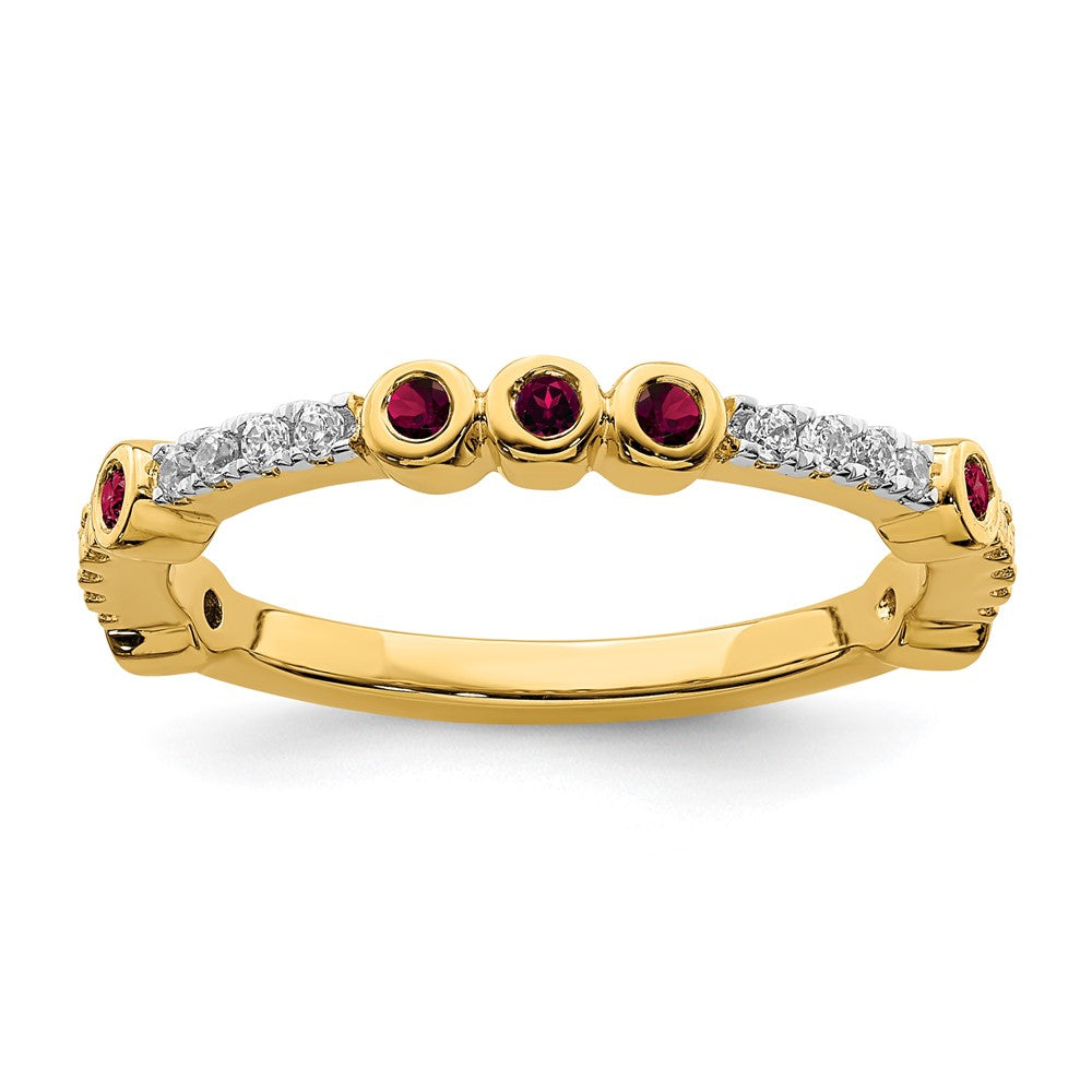 2mm 14k Yellow Gold Created Ruby &amp; .08 Ctw Diamond Stackable Band, Item R11377 by The Black Bow Jewelry Co.
