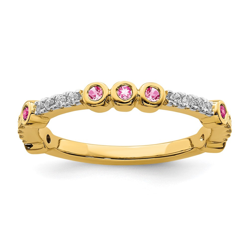 2mm 14k Yellow Gold Pink Tourmaline &amp; .08 Ctw Diamond Stackable Band, Item R11380 by The Black Bow Jewelry Co.