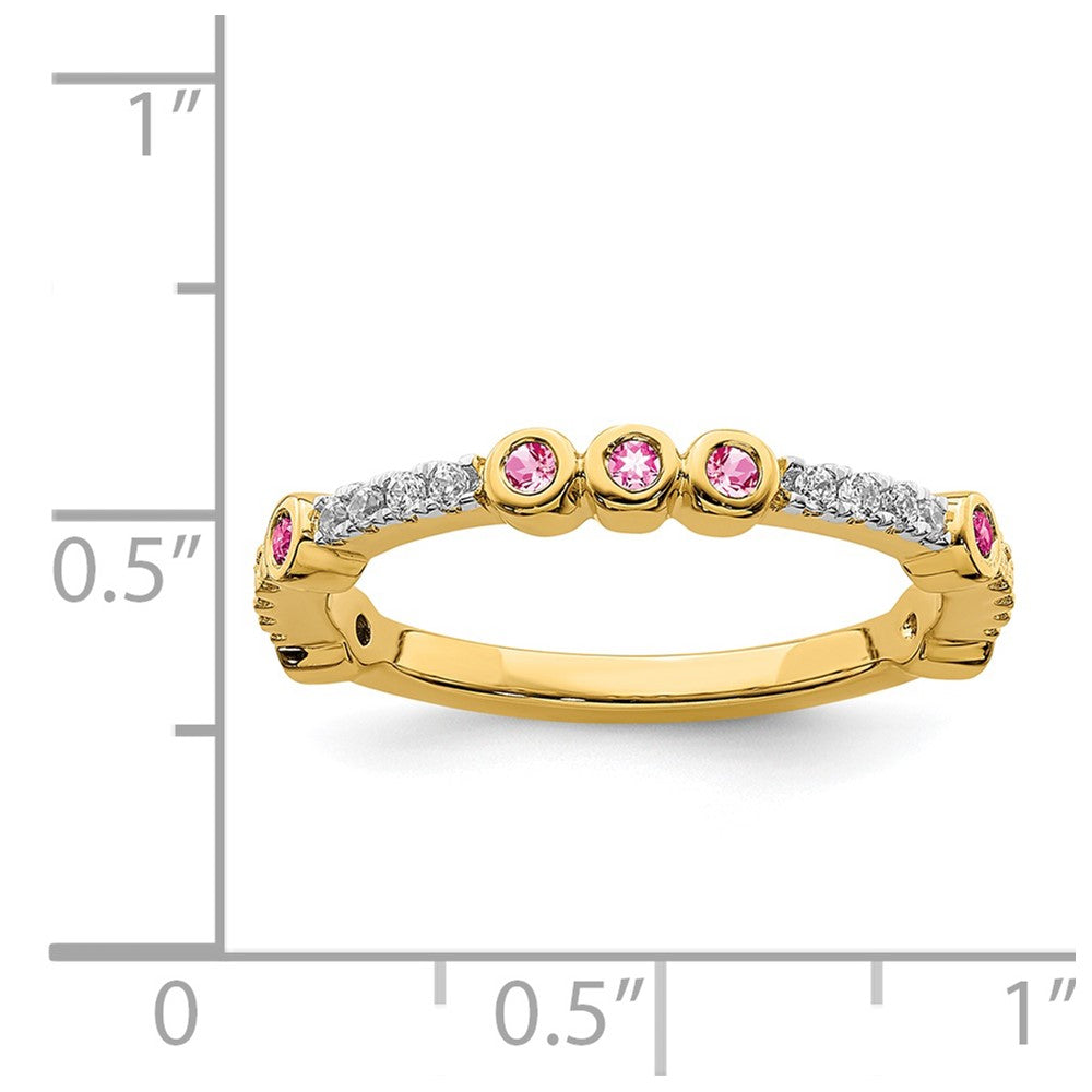 Alternate view of the 2mm 14k Yellow Gold Pink Tourmaline &amp; .08 Ctw Diamond Stackable Band by The Black Bow Jewelry Co.