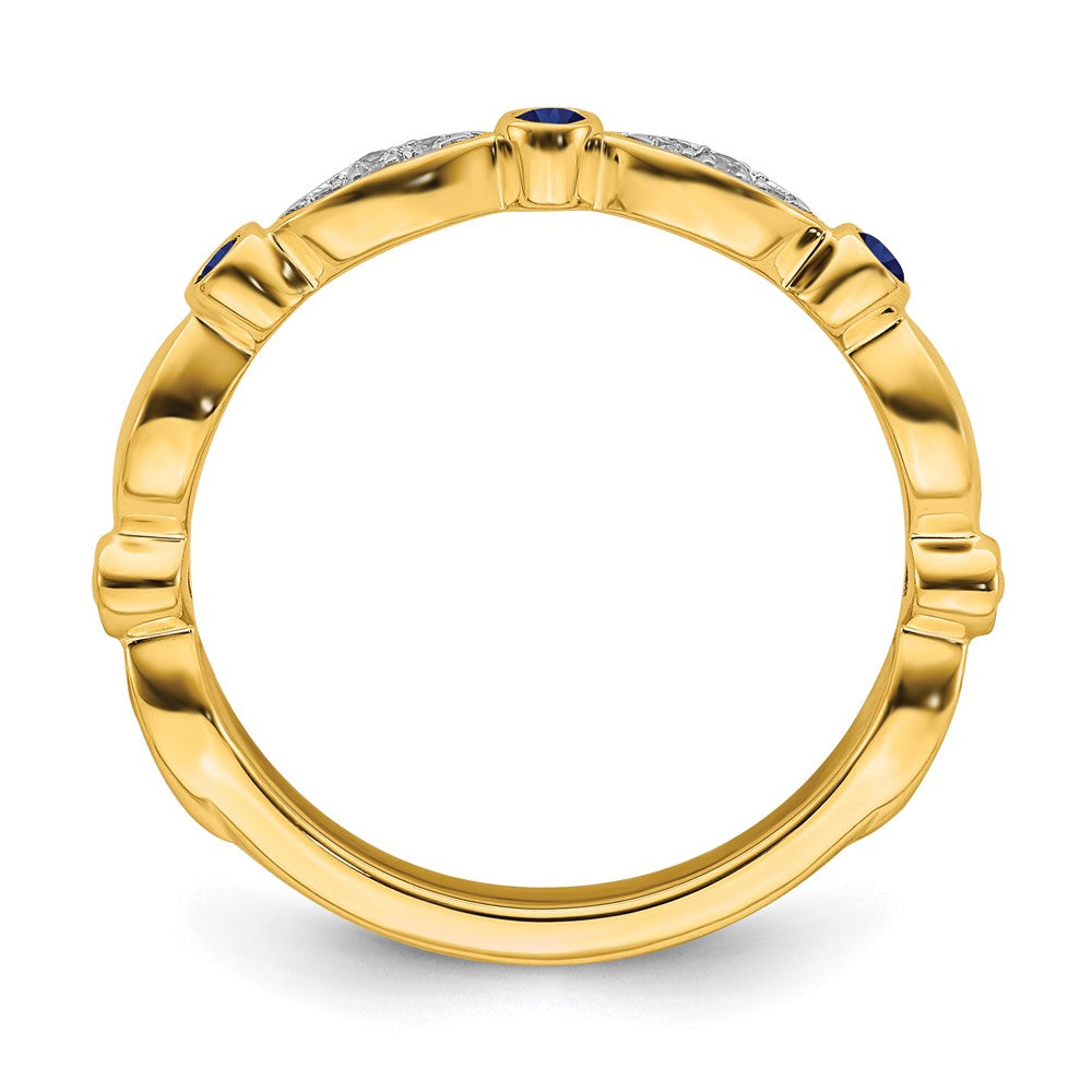 Alternate view of the 14k Yellow Gold Created Sapphire &amp; .05 Ctw Diamond Stackable Band by The Black Bow Jewelry Co.